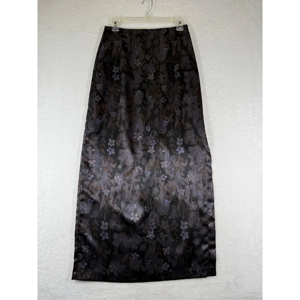 A. Byer California Vintage 90s Black Floral Satin‎ Maxi Skirt Side Slit Size 7